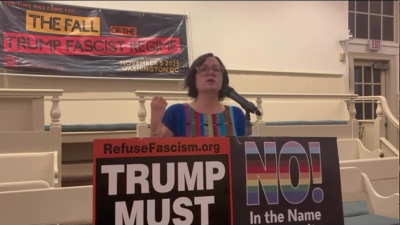 Screengrab of Sunsara Taylor speaking at NYC mass organizing meeting