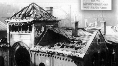 Synagogue destroyed during the Kristallnacht pogrom (the “Night of Broken Glass”), Munich, Germany, November 10, 1938.