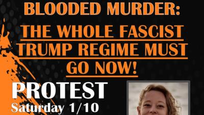 Refuse Fascism protest graphic with image of Renee Good.