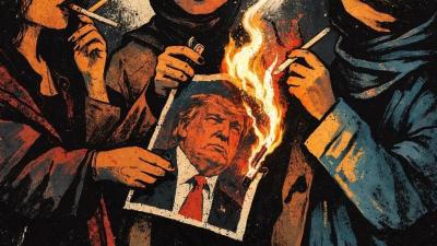 Graphic of women burning a picture of Trump with the caption: "It's your turn"