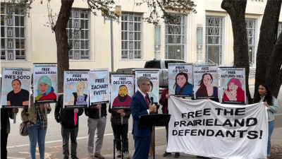 Screengrab from rally in support of the Prairieland Defendants, February 17, 2026