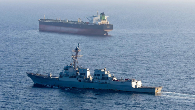 USS Rafael Peralta implements a blockade against an Iranian-flagged ship attempting to sail toward an Iranian port, April 26, 2026.
