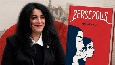 Marjane Satrapi with her graphic novel Persepolis