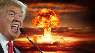 Trump with nuclear mushroom cloud