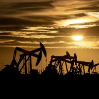 Line of Midland, Texas oil pumps against sunset.
