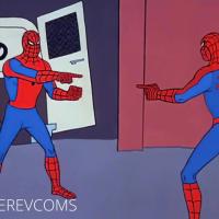 Two spiderman characters pointing at each other, who is the war criminal?