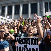 Berkeley students walk out for abortion rights just before final exams.