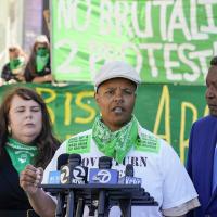 Xochitl announces filing a federal civil rights lawsuit against the San Francisco Fire and Police Departments in San Francisco August 10, 2022, for injecting her with a sedative while she was handcuffed.