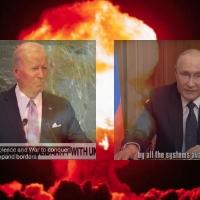 Biden and Putin with nuclear explosion in background