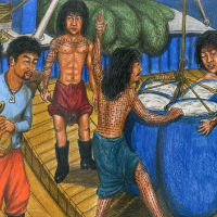 Drawing from the graphic memoir of Prum Vannak Anan, The Dead Eye and the Deep Blue Sea