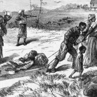 A drawing from Harper’s Weekly depicting Black people collecting the bodies of the murdered after the massacre.