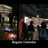 Protest and burning of the Israeli flag in front of the Israeli embassy in Bogotá, Colombia.