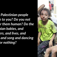 Are the Palestinian people invisible to you? Do you not consider them human? Do the Palestinian babies, and teenagers, and lives, and dreams and song and dancing count for nothing?