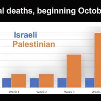 Graph showing total deaths of Israelis vs Palestinians, since October 7