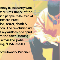I stand firmly in solidarity with the righteous resistance of the Palestinian people to be free of the illegitimate Israeli occupation, terror, death & destruction. The revolutionary fervor of my outlook and spirit joins with the earth-shaking millions across the globe demanding, “HANDS OFF GAZA!” –A Revolutionary Prisoner
