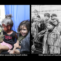 Palestinian children wounded by Israeli strikes; Child survivors of Auschwitz, 1945