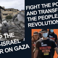 Left: destruction in Gaza, Right: revcoms marching