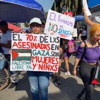 March 8, 2024, Mexico City International Womens Day, “70% of the murdered people in Gaza are women and girls. Free Palestine Now.” “Feminism is not Zionist.”
