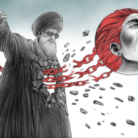 Cartoon titled “Women’s Dance of Freedom” by Shahrokh Heidari @shahrokhart, November 2023. Fire and fury against compulsory hijab continue to ignite in Iran.