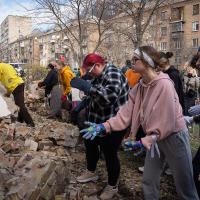 Ukraine: students of Kyiv State Arts Academy clear the rubble after Russian missile attack, March 2023.