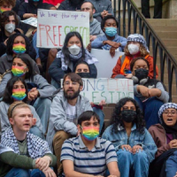Protesters on stairs