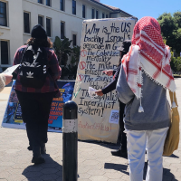 RevComs talk to students at Pomona College, April 8, 2024.