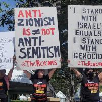 Revcoms on campus with sign: Anti-Zionism is not Anti-Semitism