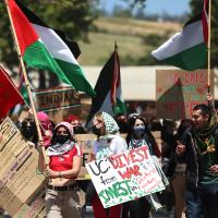 UC Santa Cruz graduate students and UAW 4811 union workers picket entrance and are joined by UCSC Students for Justice in Palestine, May 20, 2024