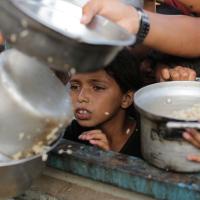 Almost half a million Gazans face starvation because of a catastrophic lack of food. Children desperate for food at Khan Younis, June 16, 2024.