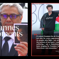 Filmmaker Mohammad Rasoulof at the Cannes Film Festival (left), and Palestinian actor Saleh Bakri in a flash mob protest at the Venice Film Festival (right)