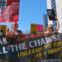 Abortion rights march with banner: Break All the Chains! Unlease the Fury of Women as a Mighty Force for Revolution!