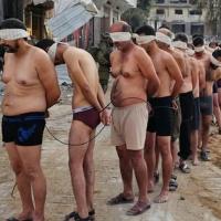 Stripped, blindfolded, and bound Palestinian civilians are taken prisoner and ordered into a line by Israeli occupation forces in Gaza in December 2023