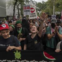 Palestinian supporters march near the United Nations to protest Netanyahu's visit, September 26, 2024.