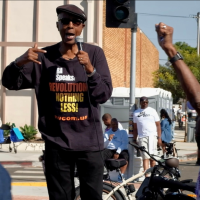 RevCom Joe Veale agitates at the Taste of Soul Festival, LA, October 19, 2024.