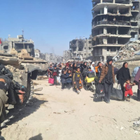 Gazans fleeing; IDF soldier & tank