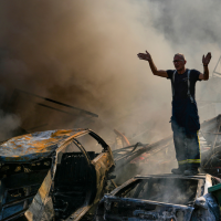 Fires from an Israeli airstrike in residential Dahiyeh, Beirut, Lebanon, November 1, 2024.