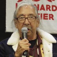 Leonard Peltier speaks to the welcome crowd at a resort near Belcourt, N.D., on the Turtle Mountain Reservation.
