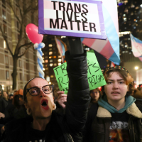 Protesters at NYU Langone demand gender-affirming care for transgender youth, February 3, 2025.