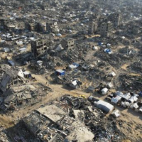 A drone view of Beit Lahiya in northern Gaza Strip shows a hellscape of rubble and obliteration from Israeli air and ground offensive.     
