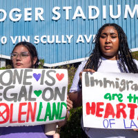 Protesting ICE raids outside Dodgers Stadium, June 19, 2025.
