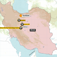 Map of Iran showing three targets of US bombs, June 21, 2025.