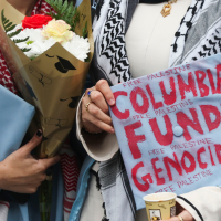 Columbia student with pro-Palestinian graduation cap