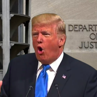 Trump in front of DOJ building “Trump Dept of Justice”