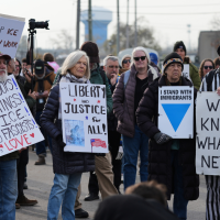 Protesters gather outside an ICE processing facility in the Chicago suburb of Broadview, November 21, 2025.