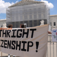 Demonstrators hold up a “Birthright Citizenship” banner at the Supreme Court in Washington, May 15, 2025.