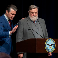 Pete Hegseth, left, with Moscow, Idaho pastor Doug Wilson at the Pentagon in Virginia, February 18, 2026.