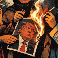 Graphic of women burning a picture of Trump with the caption: "It's your turn"