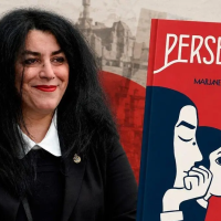 Marjane Satrapi with her graphic novel Persepolis